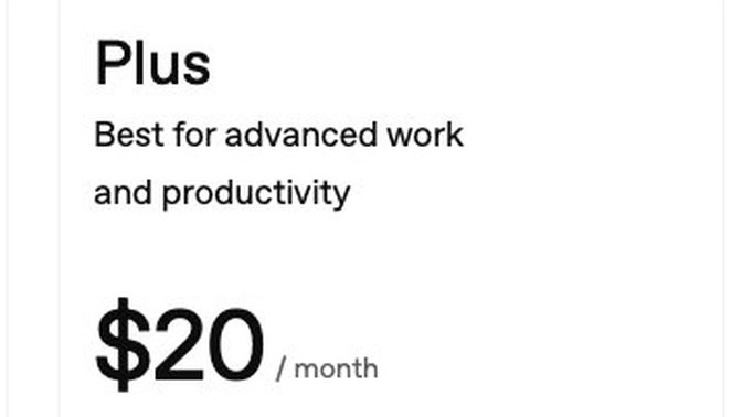 ChatGPT Plus plan card on chatgpt.com/pricing — $20/month