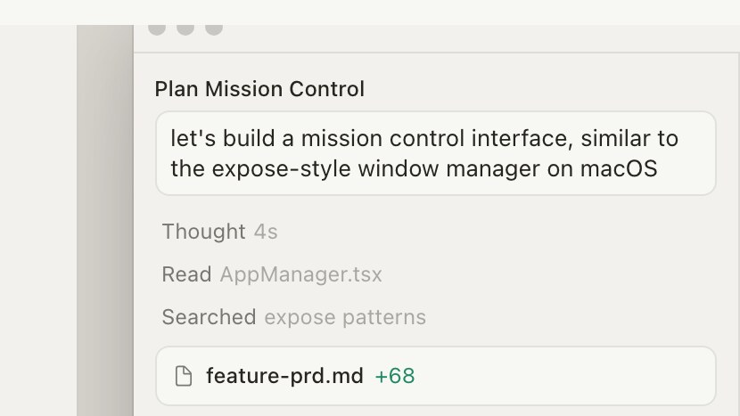 Cursor Agent planning panel on cursor.com — Plan Mission Control prompt with Thought, Read, and Searched steps