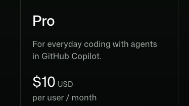 GitHub Copilot Pro plan card on github.com — $10 per user/month